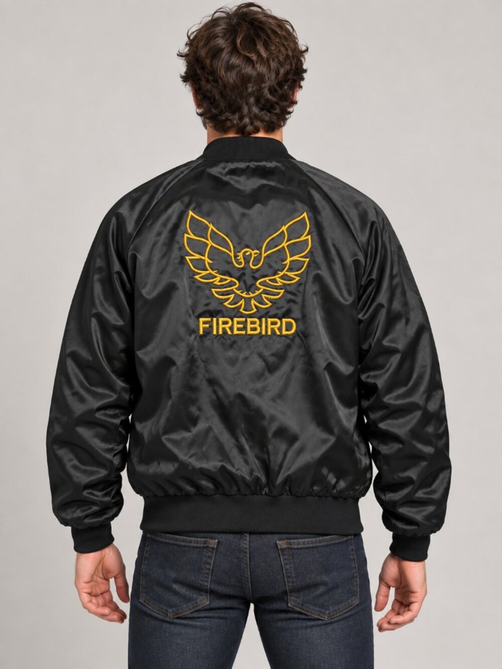 WestArk Pontiac Firebird Black Gold Satin Bomber Jacket Medium USA Made